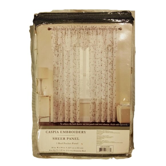 Caspia 50"W x 84"L   Rod Pocket  Sheer Window  Panel  Gold  Embroidered Vine NEW - Picture 1 of 9